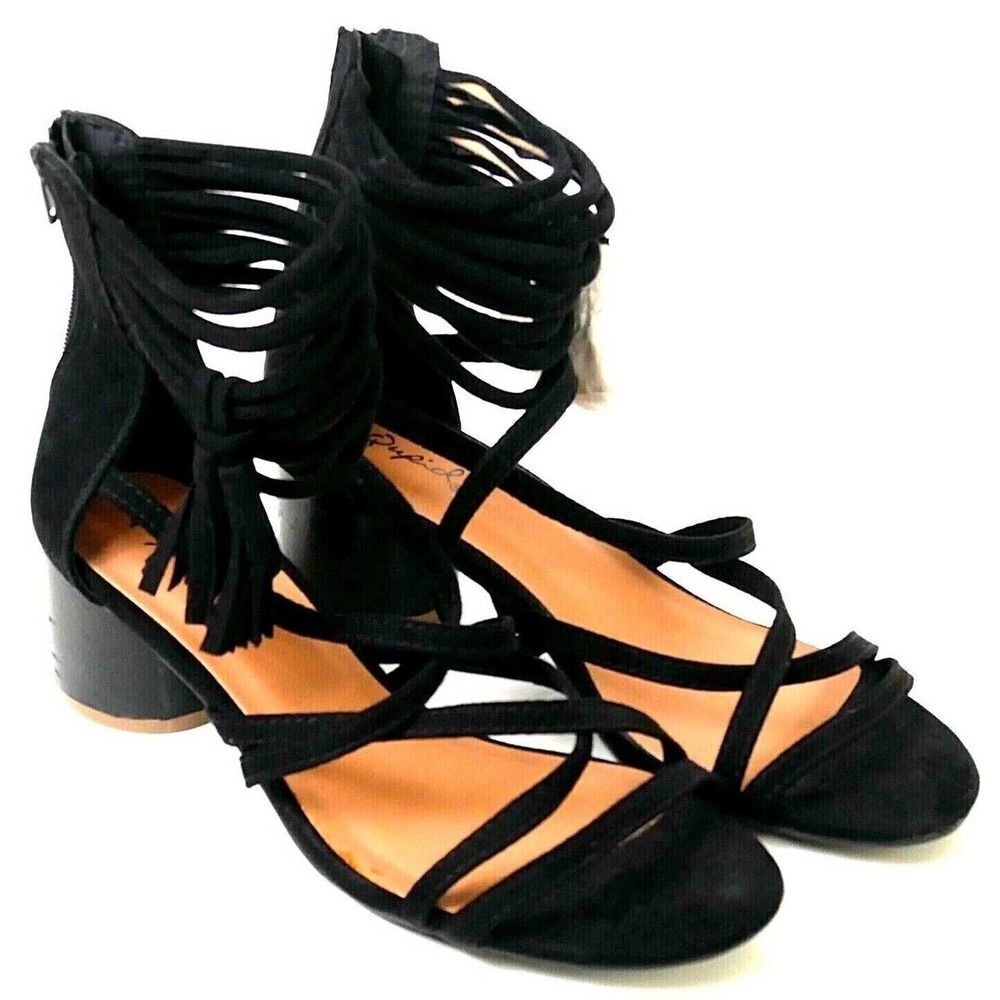 Qupid BLACK MAN MADE SUEDE LEATHER STRAPPY TASSEL ZIP BACK 2"HEEL SLINGBACK 7 US